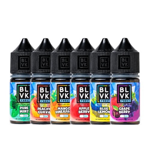 Six BLVK Frost e-liquid bottles in a row, featuring flavors Pure Mint, Peach Guava, Mango Pineapple, Apple Berry, Blue Lemon, and Grape Berry, on a white background.