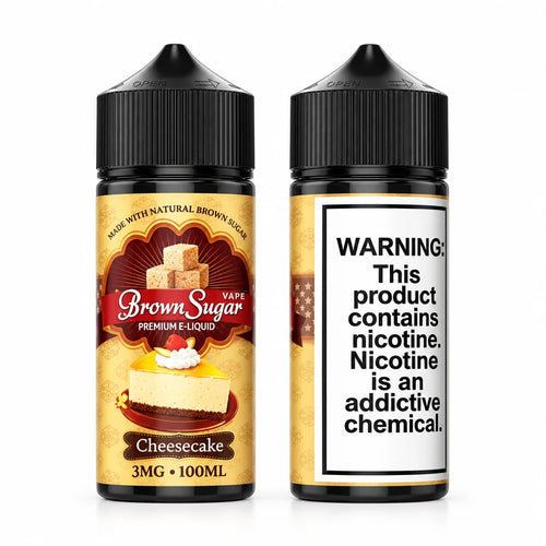 Two 100ml e-liquid bottles of Brown Sugar Premium E-liquids in Cheesecake flavor, shown from the front and back labels on a white background.