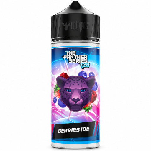 A 500ml bottle of Urnapes e-liquid in the 'The Panther Series Ice' 'Berries Ice' flavor. The bottle features a black cap and a vibrant label showing a purple panther face surrounded by blueberries, strawberries, and pink neon light effects.