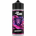A 120ml bottle of e-liquid from 'The Panther Series' with a berry flavor, surrounded by illustrations of strawberries, raspberries, blueberries, and green leaves on a white background with promotional text and website logos.