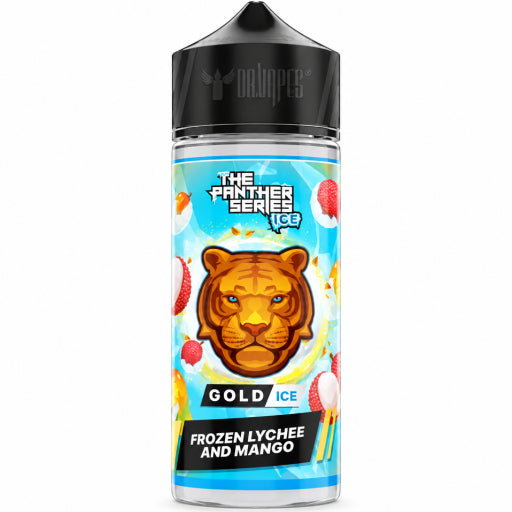A 500ml bottle of Malinpops e-liquid from The Panther Series, flavor Gold Ice (Frozen Lychee and Mango). The bottle features a black cap and a colorful label with a cartoon tiger face, pink lychees, and yellow mangoes on a light blue background.