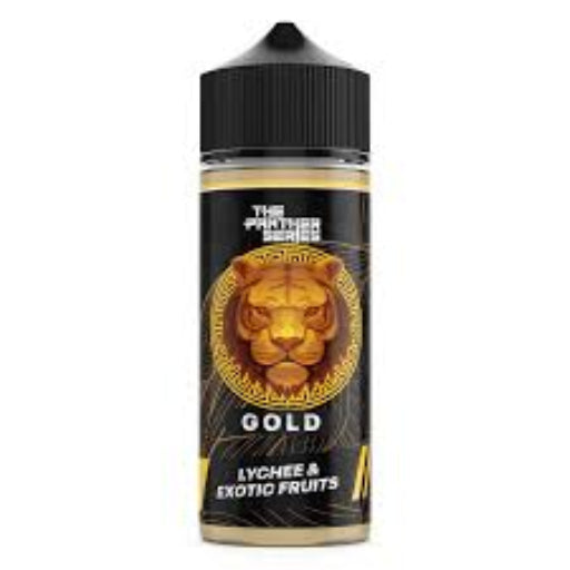 A 100ml bottle of e-liquid from 'The Pretender Series' featuring a black cap and a black label with a prominent gold lion emblem and the word 'GOLD'.