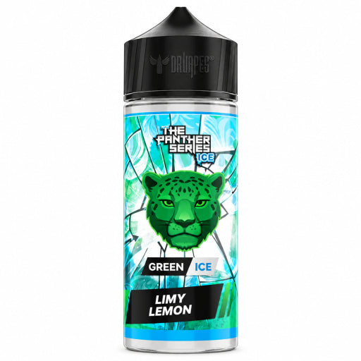 A 500ml bottle of Urnapes e-liquid from The Panther Series, specifically the Ice Limy Lemon flavor. The bottle features a black cap and a label with a green panther graphic over a light blue and white cracked ice background.