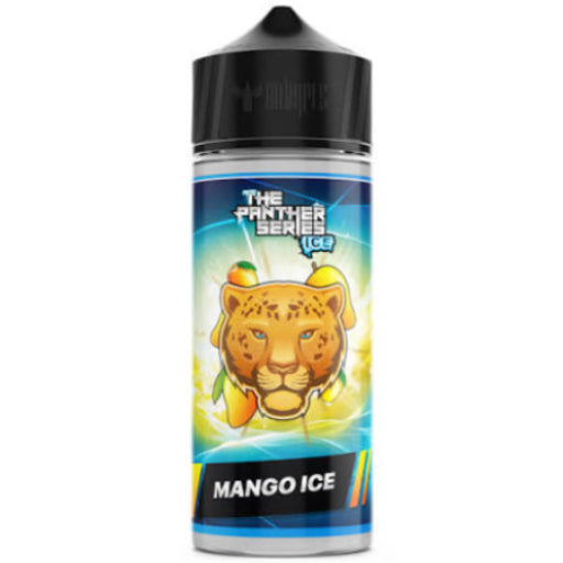 A bottle of Mango Ice e-liquid by The Panther Series Ice, featuring a black cap and a colorful label with a cartoon panther illustration.
