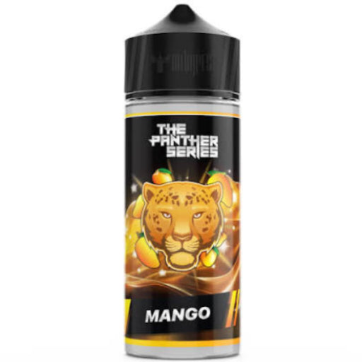 A bottle of Mango flavor e-liquid from the brand 'The Panther Series'. The bottle has a black cap and a black label featuring a detailed graphic of a golden-orange panther surrounded by mangoes, with the text 'THE PANTHER SERIES' and 'MANGO' on a clean white background.