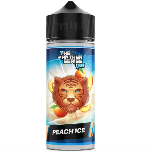 A 500ml plastic bottle of e-liquid from the brand 'CoolingPG' under their 'The Panther Series Ice' collection, specifically the 'Peach Ice' flavor. The bottle features a black cap and a colorful label depicting a stylized tiger head with peach slices and ice elements.