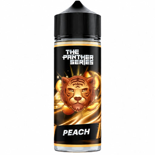 A bottle of Peach flavor e-liquid from The Panther Series, 120ml, with a black cap and a label featuring a tiger graphic and peach illustrations. The bottle is centered against a white background with Arabic text and Shishi.