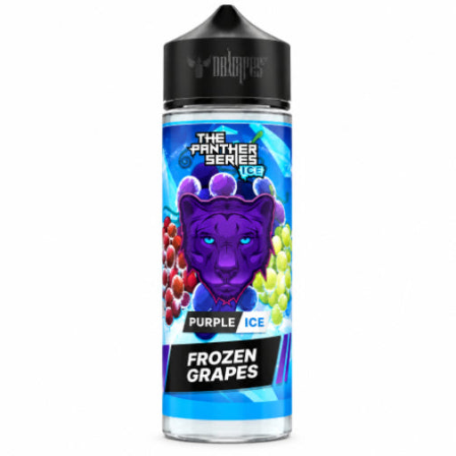 A 500ml bottle of e-liquid from the brand 'The Panther Series' in 'Purple Ice' flavor, featuring a black cap and a label with a purple panther face and purple grapes on a blue background.