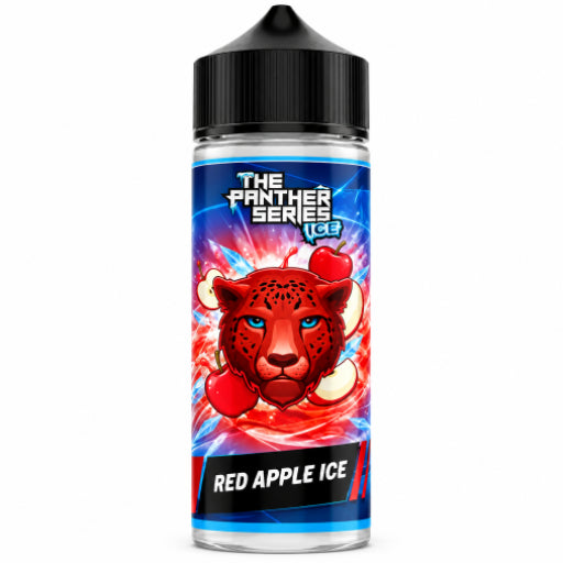 A 500ml plastic bottle of e-liquid by Unipres, featuring a black cap and a vibrant label for 'The Panther Series Ice' in 'Red Apple Ice' flavor. The label showcases a stylized red panther with red apples against a blue and pink background.
