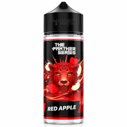 A 500ml bottle of Urnapes e-liquid in the Red Apple flavor, featuring a black label with a red and black panther graphic and white text.