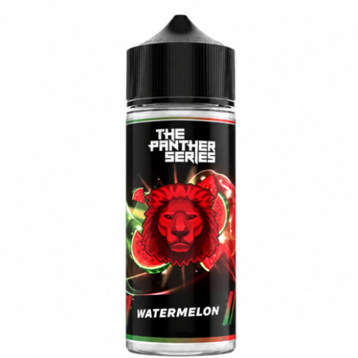 A 120ml bottle of watermelon-flavored e-liquid from 'The Panther Series' with a black cap, featuring a label with a red lion graphic and watermelon imagery. The bottle is centered against a white background with watermelon slices and whole watermelons behind it, along with Shishi.
