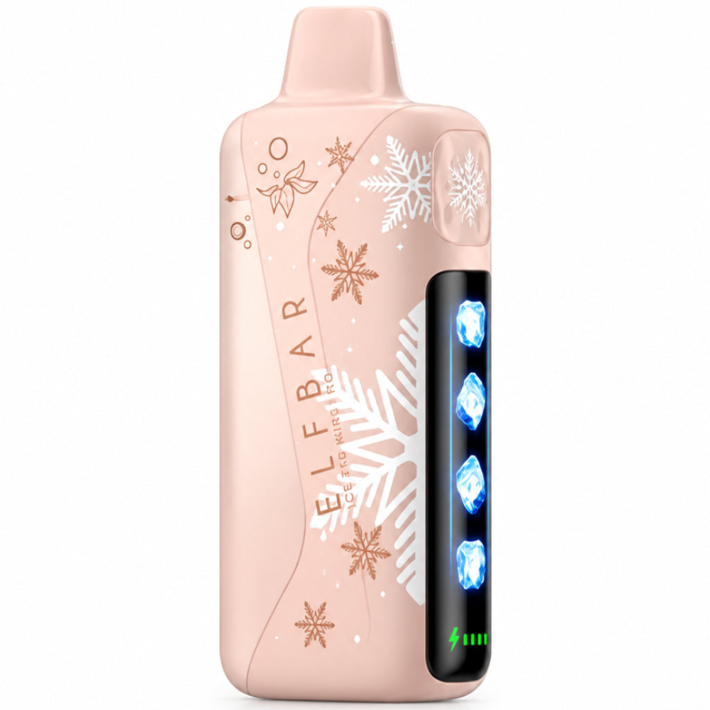 ELFBAR Ice King Pro disposable vape device in peach-pink with snowflake designs, shown next to its retail packaging box on a white background.