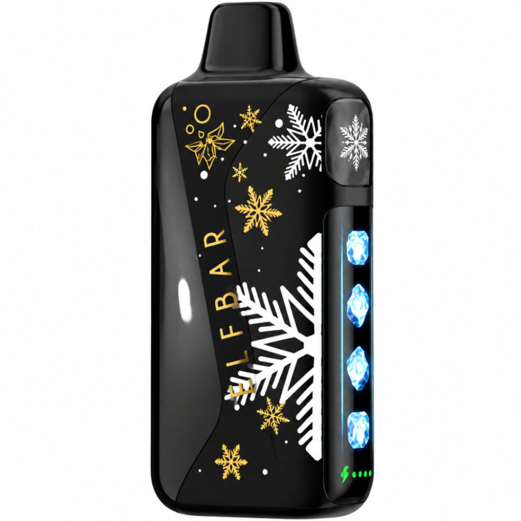 ELFBAR Ice King Pro disposable vape device in Blackcurrant Passion Fruit flavor, shown next to its retail packaging box. The device features a black body decorated with white snowflakes and gold stars, with a purple brand name.