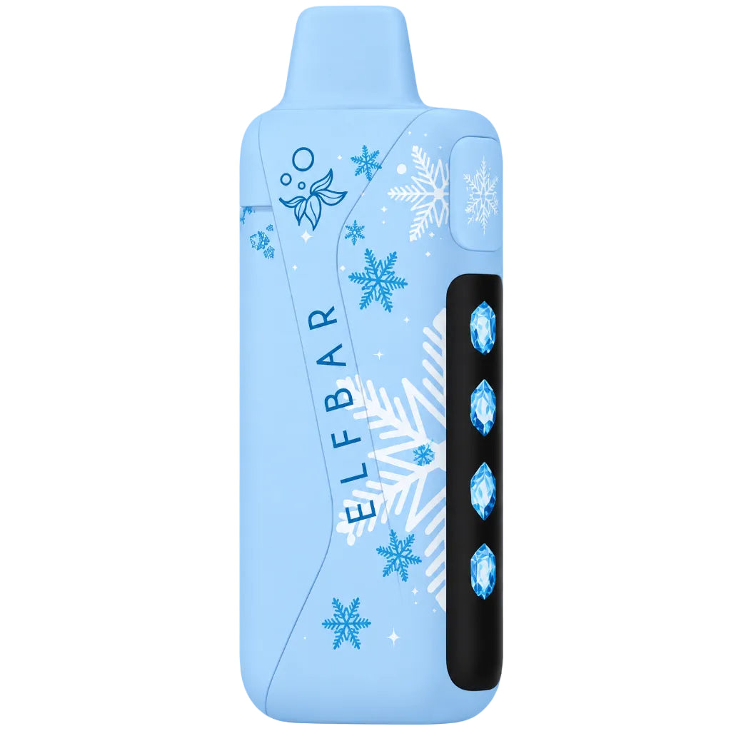ELFBAR Ice King Pro disposable vape device in Blueberry Ice flavor next to its retail packaging box, featuring a light blue color with white snowflake patterns and a black screen panel.