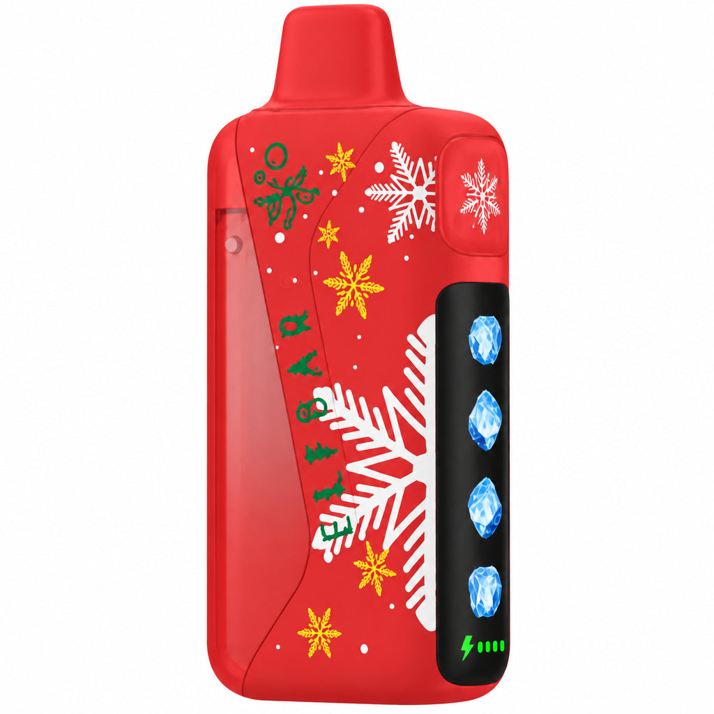 ELFBAR Ice King Pro disposable vape in 'California Cherry' flavor, shown next to its retail packaging box. The vape device is bright red with white snowflakes, gold/yellow stars, and the word 'ICE KING' printed vertically.