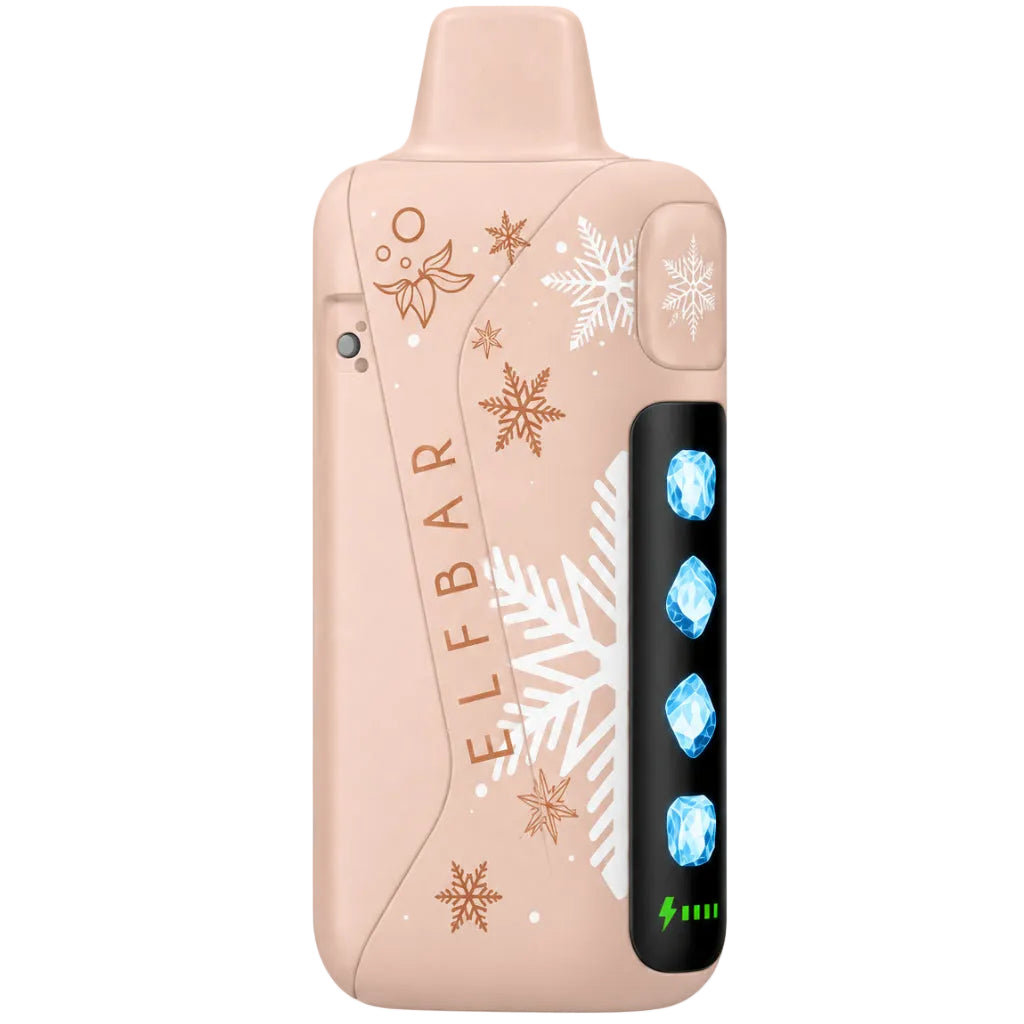 ELFBAR Ice King Pro disposable vape in 'Coffee' flavor, shown next to its retail packaging box. The vape features a light pink silicone case decorated with white snowflakes and gold snowflake patterns, with a black control panel on the side.