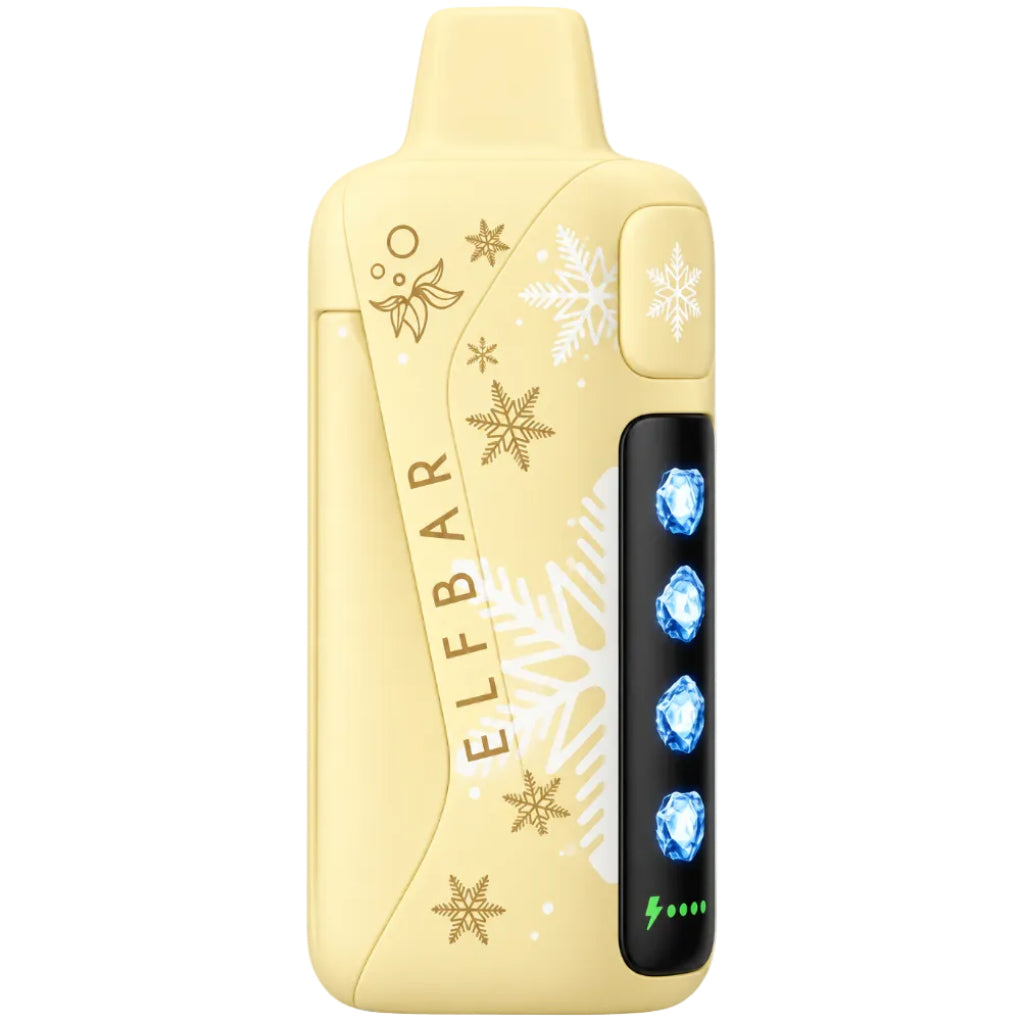A disposable vape device in a pale yellow-gold color with winter-themed graphics, including snowflakes, stars, and the brand name 'ELFBAR' printed vertically. It features a black side panel with four blue-lit diamond-shaped buttons.