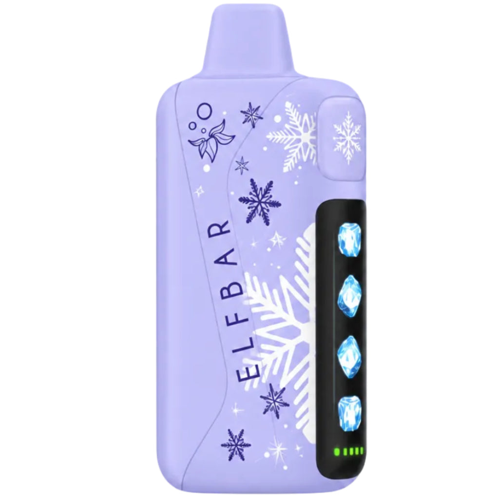 ELFBAR Ice King Pro disposable vape device in Grape Ice flavor next to its retail packaging box. The device is lavender purple with white snowflake patterns and a black screen panel showing 5 levels.