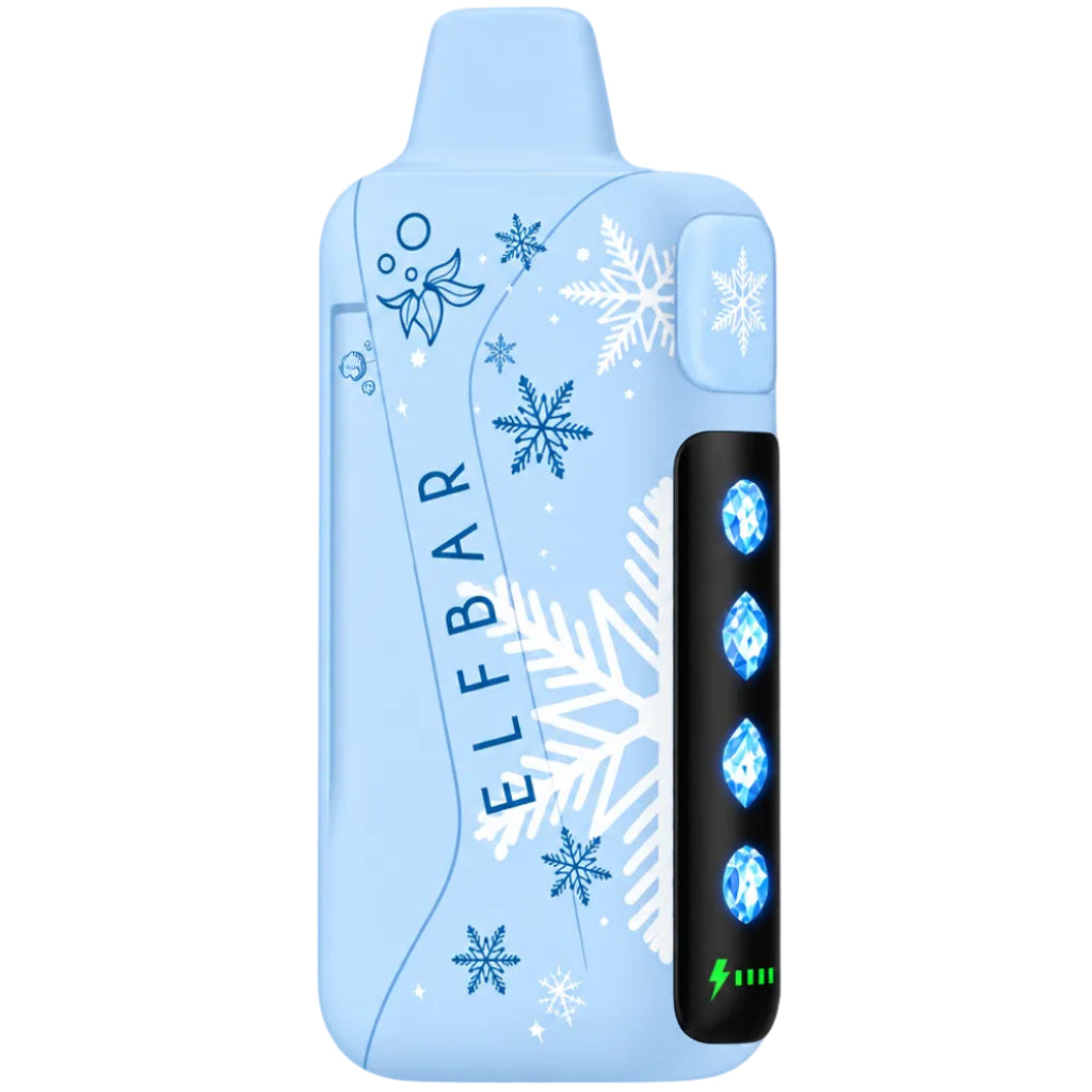 ELFBAR Ice King Pro disposable vape device in Miami Mint flavor, shown next to its retail packaging box. The device is light blue with white snowflake patterns and a black screen panel, while the box features a pink-to-blue gradient with product details.