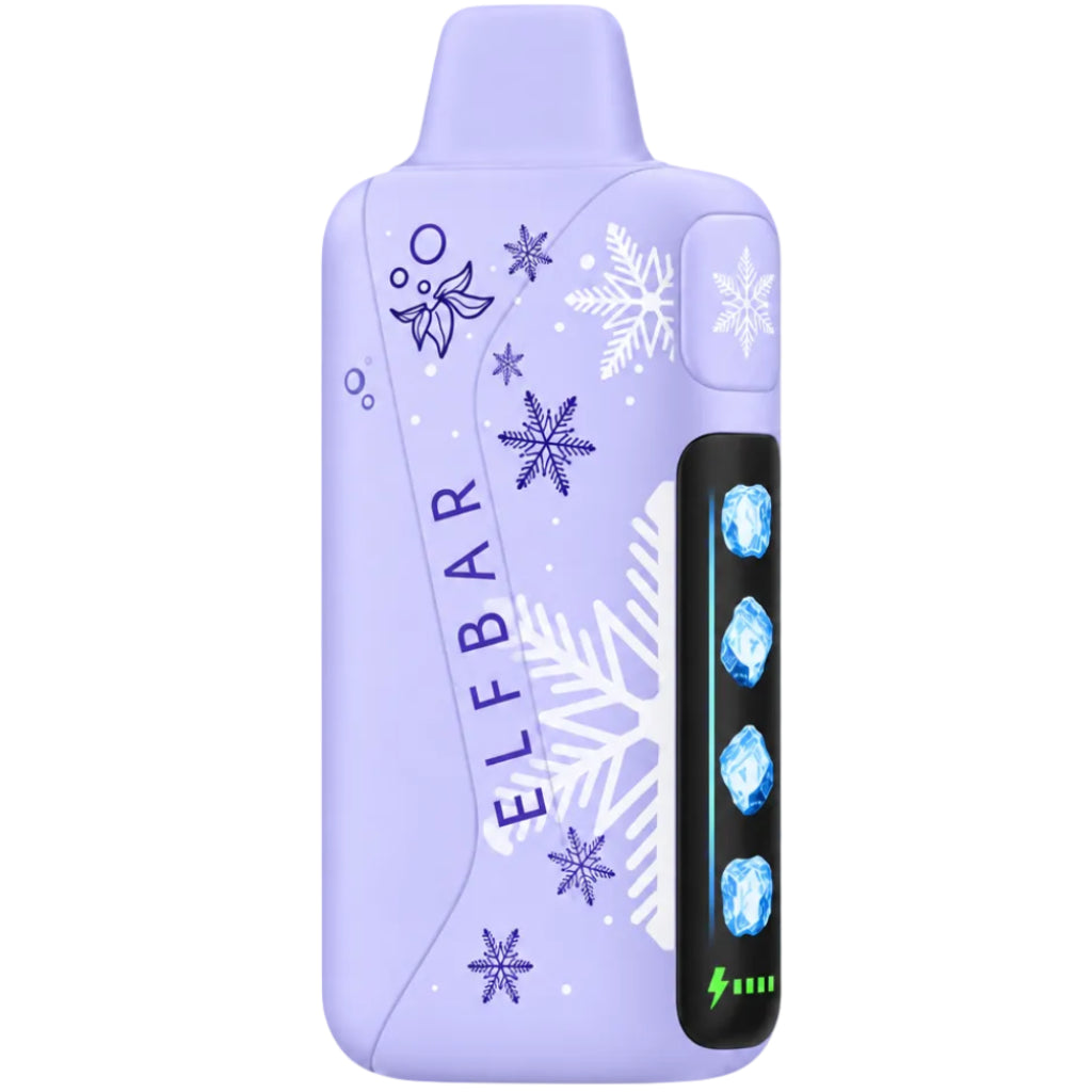 A light purple vape device with a winter theme, featuring white snowflakes, purple snowflake illustrations, the brand name 'ELFBAR' printed vertically, and a black side panel with four blue gem graphics.