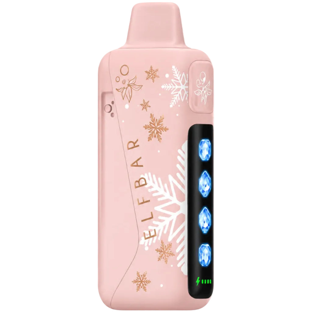 ELFBAR Ice King Pro disposable vape device in Peach Ice flavor next to its retail packaging box, featuring a light peach-pink color with white snowflake designs and a black screen panel.