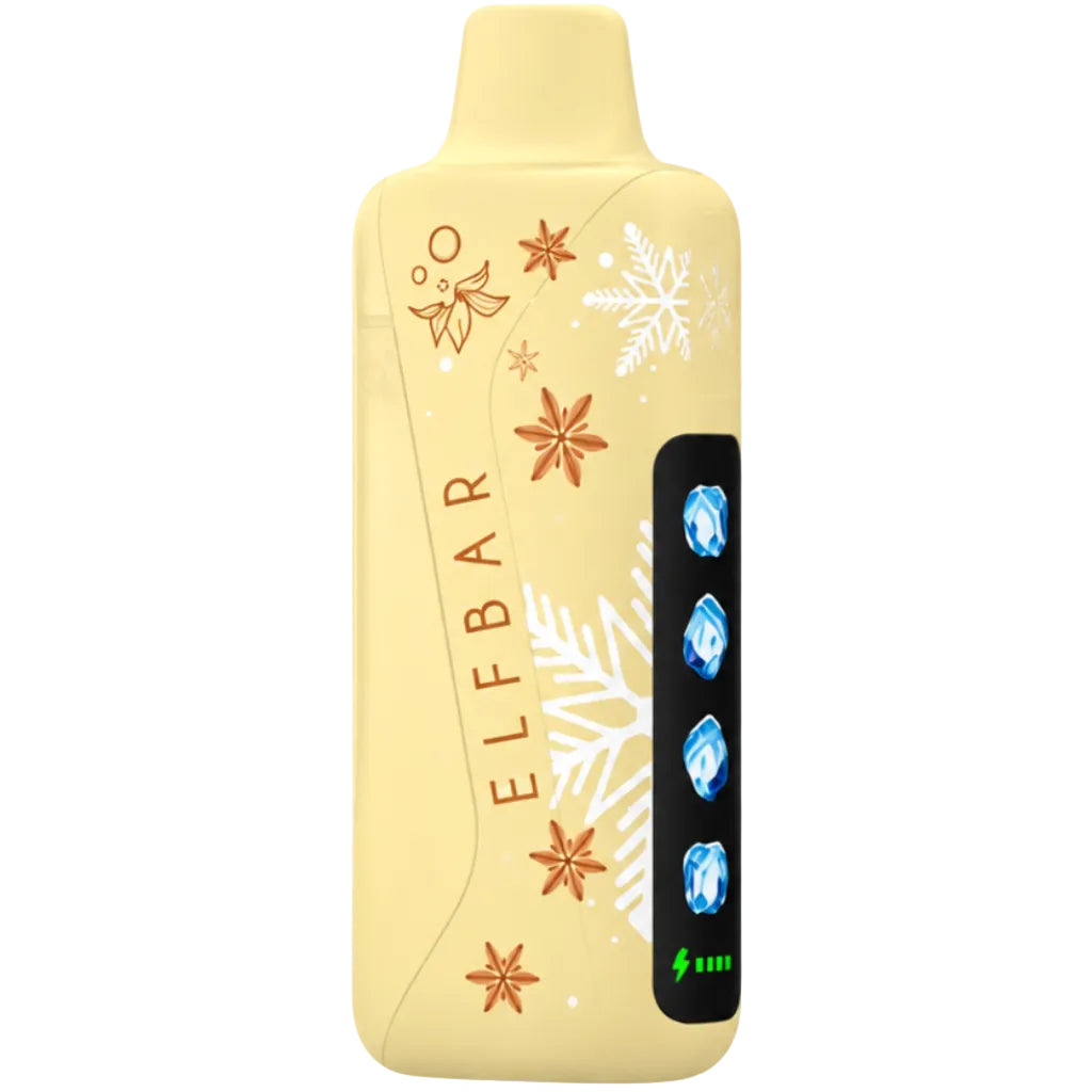 ELFBAR Ice King Pro disposable vape device in Peach Mango flavor, shown next to its retail packaging box. The device features a pale peach-yellow color with white snowflake patterns and a black screen panel.