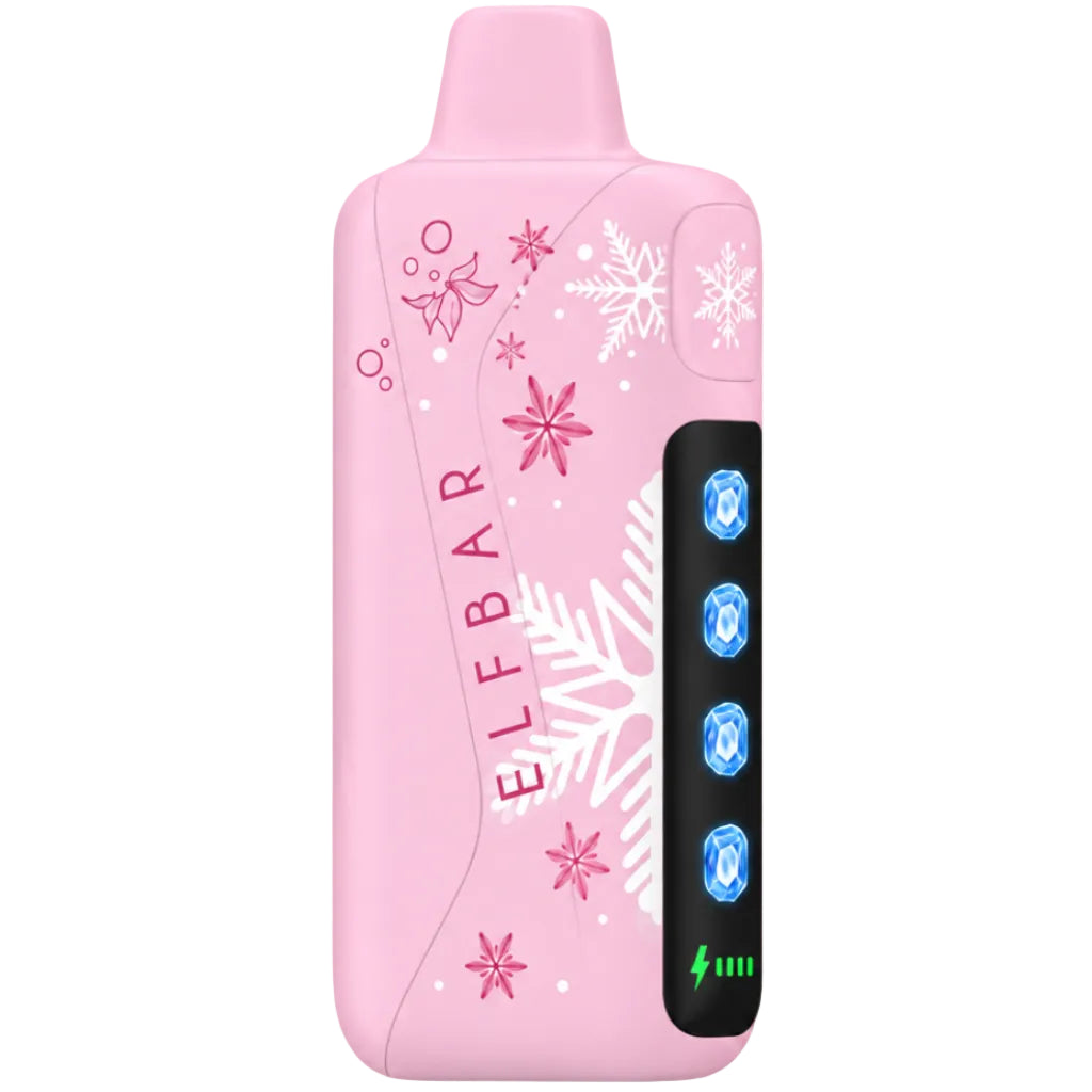 ELFBAR Ice King Pro disposable vape in the Rose Mojito flavor, shown next to its retail packaging box. The vape is light pink with white snowflake patterns and a black screen panel, while the box is magenta and white.