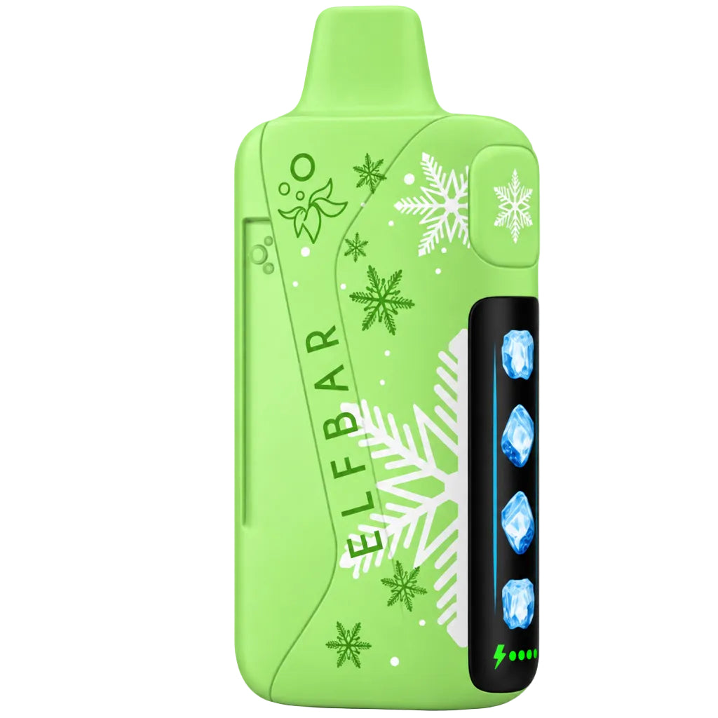 ELFBAR Ice King Pro disposable vape device in Strawberry Kiwi Ice flavor next to its retail packaging box. The device is light green with white snowflake patterns and a black screen panel, while the box is green and pink with product details and a nicotine warning label.