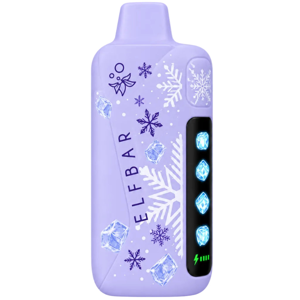 ELFBAR Ice King Pro disposable vape device in Taro Ice Cream flavor next to its retail packaging box. The device is lavender purple with white snowflake patterns and a black screen panel showing blue icons.