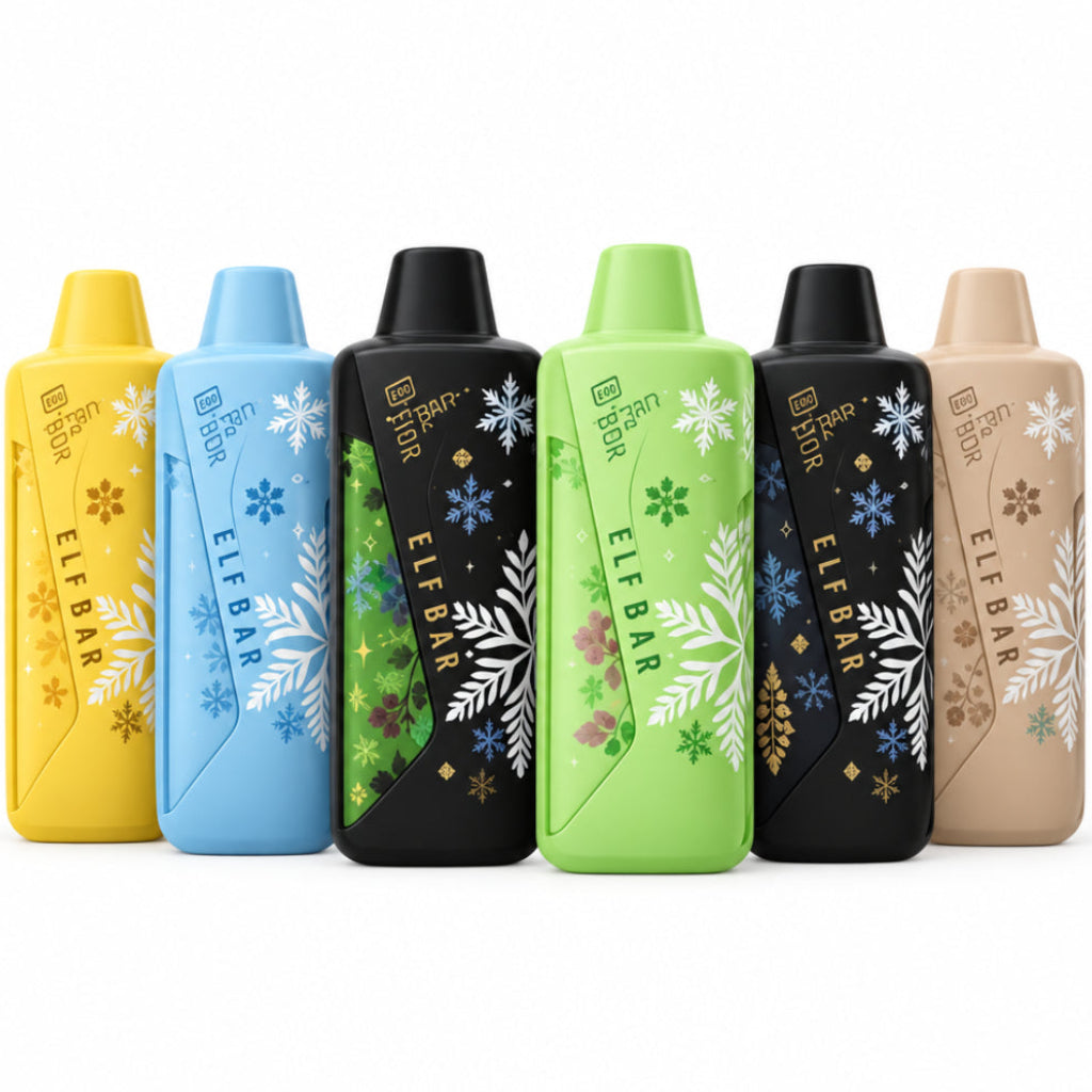 Six Elfbar Ice King Pro disposable vape devices lined up on a white background, featuring different color options with snowflake patterns. Text above highlights key features like 40,000 puffs, 5 adjustable ice levels, rechargeable battery, and transparent e-liquid tank.