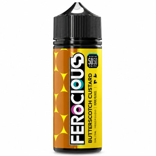 A bottle of FeroCious Butterscotch Custard vape liquid, featuring a black cap and a yellow and brown label with retro starburst patterns. A small glass bowl of creamy custard and two orange butterscotch cubes are placed in front of the bottle on a clean white background.
