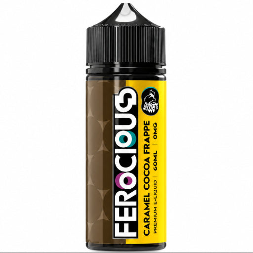 A bottle of Ferocious Caramel Cocoa Frappe e-liquid on a white background, styled with coffee beans and a caramel drizzle graphic at the base.