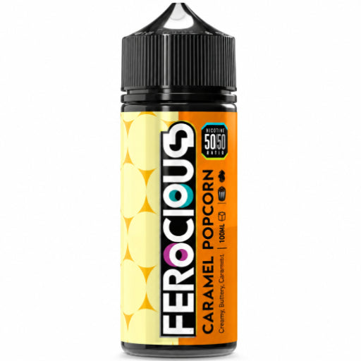 A bottle of Ferocious Caramel Popcorn e-liquid on a white background, accompanied by a small red-and-white striped popcorn cup and a caramel drizzle graphic.
