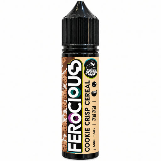 A bottle of FeroCious Cookie Crisp Cereal e-liquid, 30ml size, featuring a black cap and a brown and beige label with the brand name 'FeroCious' and a wolf logo.
