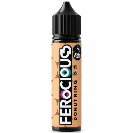 A bottle of Ferocious Donut Ring OO e-liquid centered in the foreground, surrounded by scattered and blurred donuts on a light surface. The bottle has a black cap and a tan label with the brand name 'FEROCIOUS' and 'DONUT RING OO' printed vertically.