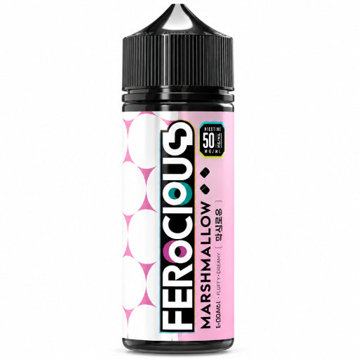 A bottle of FeroCious Marshmallow 20g e-liquid, featuring a pink and white label with a black cap, shown on a white background with marshmallow graphics at the base.