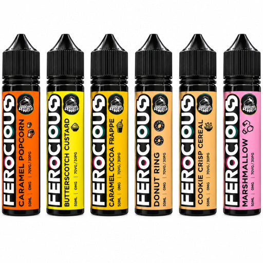 Six Ferocious e-liquid bottles arranged in a colorful, busy promotional composition with food-themed graphics. The bottles are labeled: Caramel Popcorn, Butterscot Custard, Caramel Cocoa Frappe, Donut Ring, Caramel Cookie Cream, and Marshmallow.