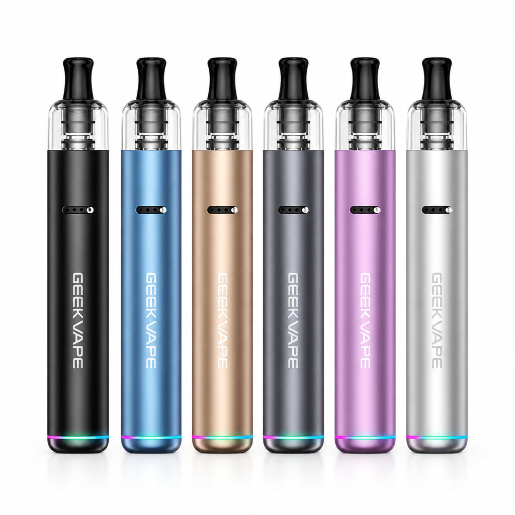 Six Geekvape disposable vape devices in different colors (black, blue, rose gold, gray, purple, and silver) arranged in a row against a white background.