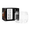 Clear glass vape tube with 'ZEUS' branding next to its packaging on a white background