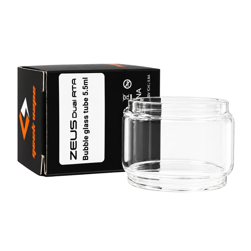 Clear glass vape tube with 'ZEUS' branding next to its packaging on a white background