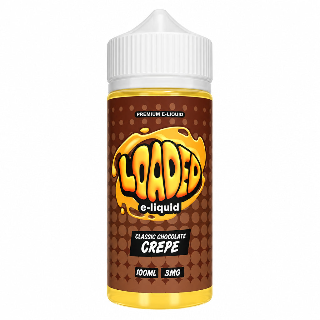 A 100ml bottle of Loaded e-liquid in the Classic Chocolate Crepe flavor, featuring a brown label with a prominent yellow and orange logo and a white cap, set against a plain white background.