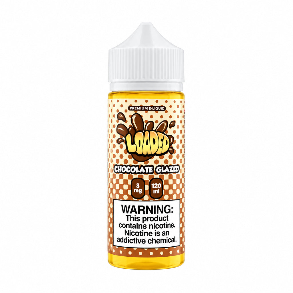A bottle of Loaded Chocolate Glazed e-liquid on a white background with a reflection. The bottle has a white cap and a label with brown and white polka dots, featuring the 'LOADED' logo in yellow and brown.