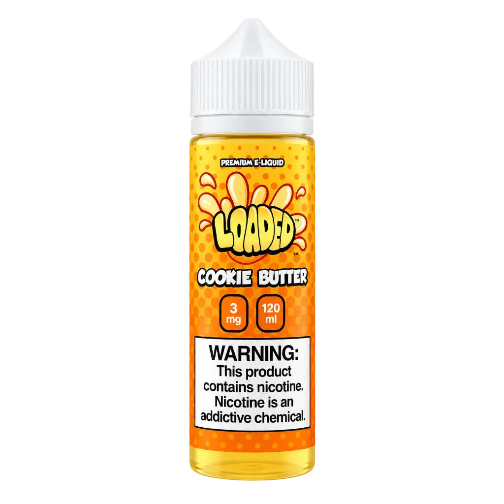 A bottle of Loaded e-liquid in the Cookie Butter flavor, featuring a bright orange label with a honeycomb pattern, a white cap, and a prominent nicotine warning label on a white background.