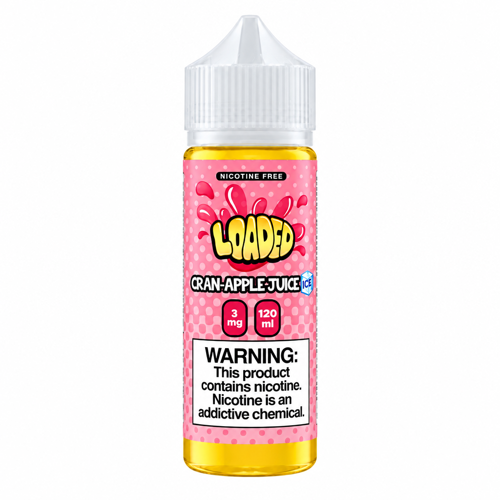 A bottle of Loaded e-liquid in the Cran-Apple-Juice flavor, featuring a pink label with a checkered pattern, yellow liquid inside, and a white plastic cap, shown on a plain white background.