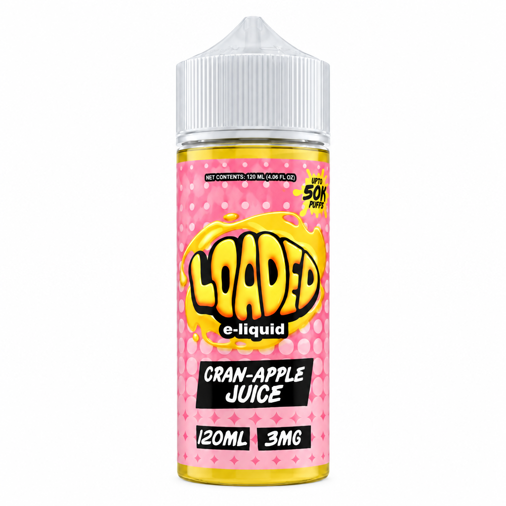 A 120ml bottle of Loaded e-liquid in Cran-Apple Juice flavor, featuring a pink label with yellow and black text, topped with a clear plastic cap.