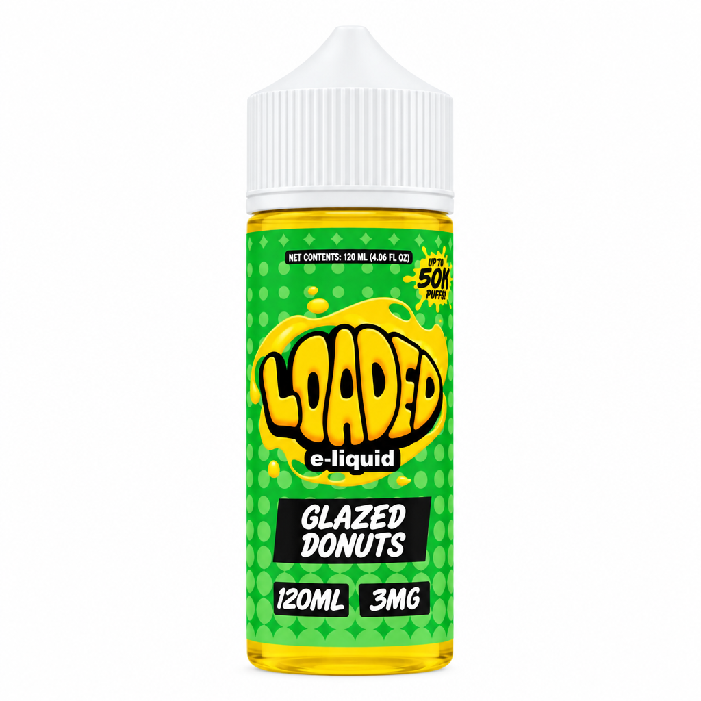 A 120ml bottle of Loaded e-liquid in the Glazed Donuts flavor, featuring a bright green label with yellow and black graphics and a white childproof cap, shown on a plain white background.