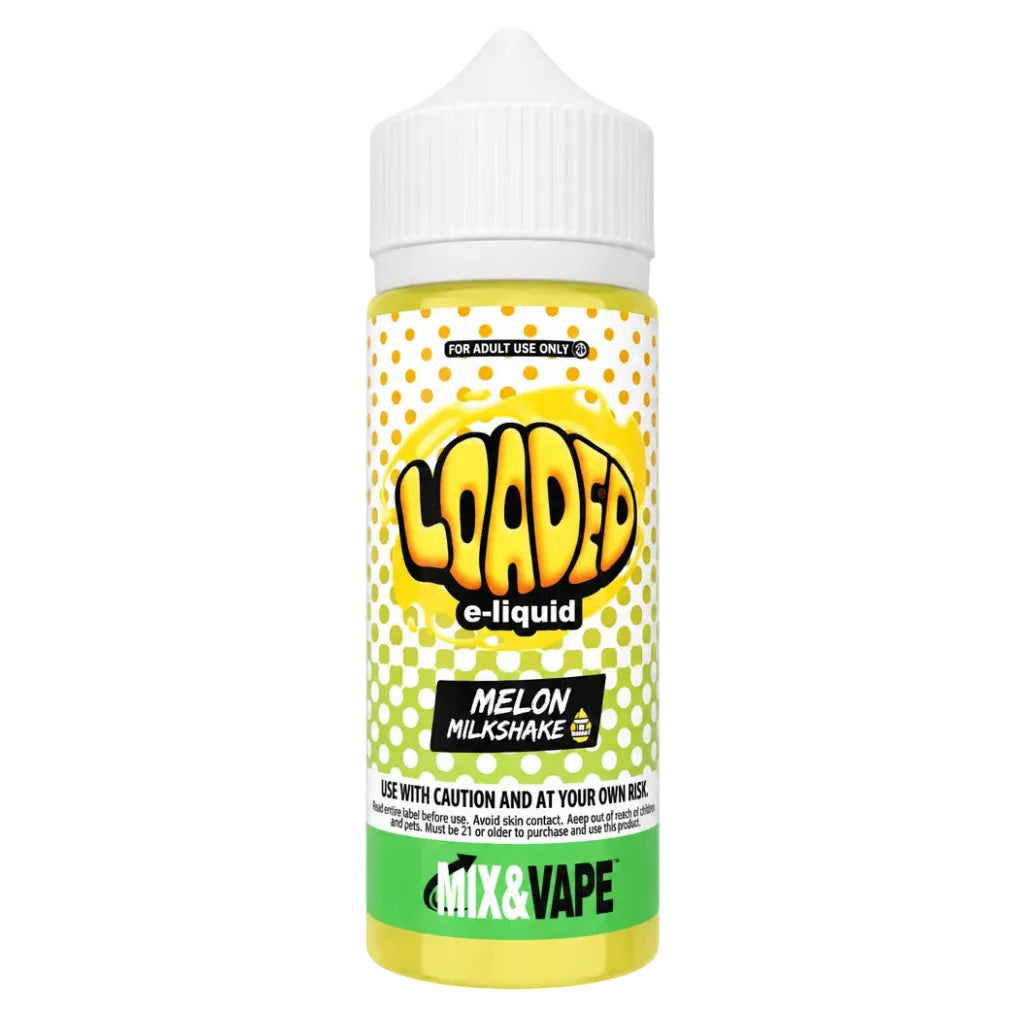 A bottle of MIX&VAPE Loaded e-liquid in Melon Milkshake flavor, featuring a white cap and a label with yellow, green, and white colors.