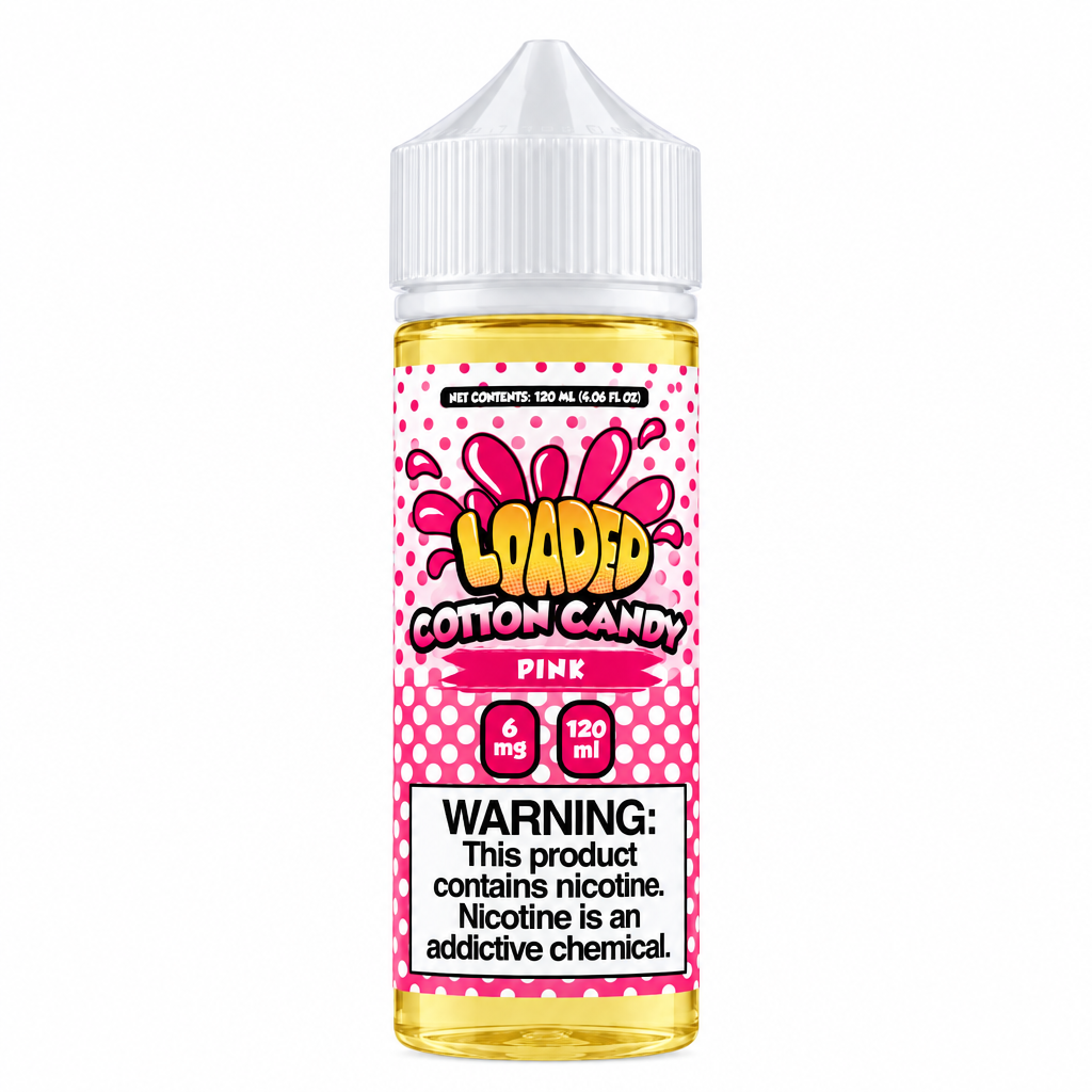 A 120 ml bottle of Loaded Cotton Candy Pink e-liquid, featuring a pink and white polka dot label with yellow liquid visible inside, a white childproof cap, and a prominent nicotine warning label at the bottom.