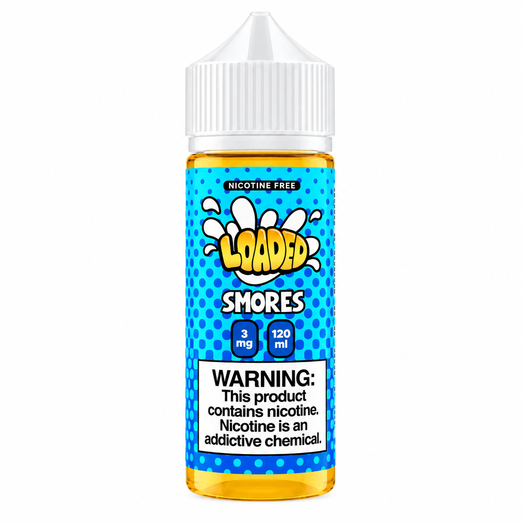 A 120 ml bottle of Loaded S'mores nicotine-free e-liquid. The bottle has a white ribbed cap and a bright blue label with a checkered pattern, featuring the yellow 'LOADED' logo and a prominent white warning label at the bottom.