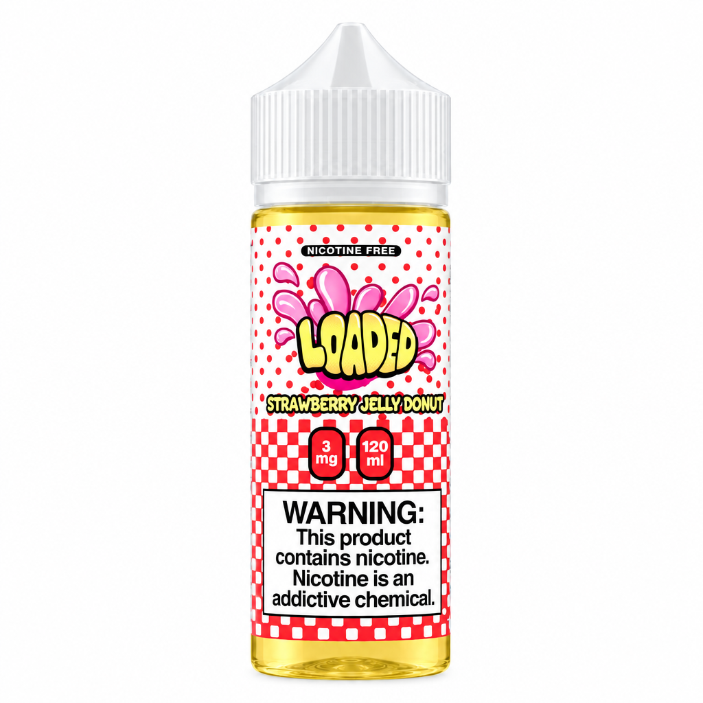 A bottle of Loaded Strawberry Jelly Donut e-liquid, 10 ml size, featuring a white cap and a label with a red and white checkered pattern, pink jelly donut graphics, and a prominent nicotine warning label.